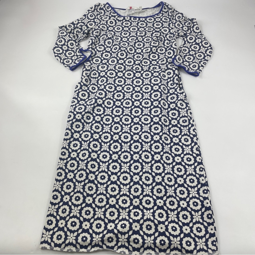 Boden Navy and White Floral Midi Dress with Contrast Trim